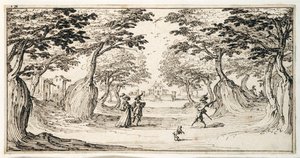 Een dame en heer dansen in het bos op een luit, een kasteel in de verte