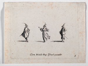 Een musicerende dame en twee cavaliers, van ... (gravure) door Jacques Callot