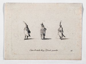 Een dame met een lange jas en twee cavaliers, van ... (gravure) door Jacques Callot