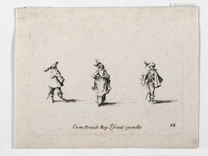 Een dame met een gepluimde hoed en twee cavaliers, van ... (gravure) door Jacques Callot
