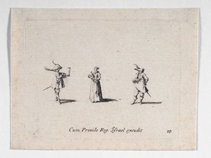 Een dame met een wijnfles en twee cavaliers, van ... (gravure) door Jacques Callot