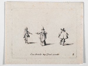 Een dame met uitgestrekte hand, op de rug gezien, en twee cavaliers, uit Les Fantaisies de Noble J. Callot ... (gravure) door Jacques Callot