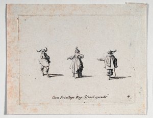 Een dame met uitgestrekte hand en twee cavaliers, van ... (gravure) door Jacques Callot