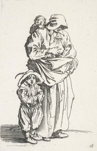 Een moeder en haar drie kinderen, uit De Bedelaars door Jacques Callot