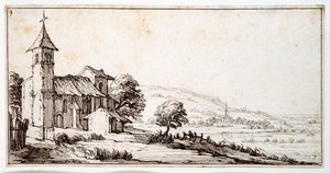 Een rivierlandschap dicht bij Nancy, met de kerk van het dorp Maxeville en een andere in de verte, uit een album van Israel Silvestre, ca. 1630