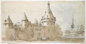 Een kasteel met torens en een kerk door Jacques Callot