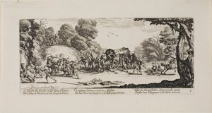 Aanval op de koets, plaat acht uit De ellende van de oorlog door Jacques Callot