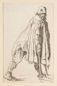 Bedelaar met een pet, op krukken, uit De Bedelaars door Jacques Callot