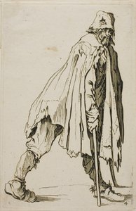 Bedelaar op krukken met een hoed, plaat vier uit De Bedelaars door Jacques Callot