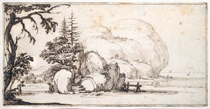 Fantastische rotsen aan de kust, gebouwen aan de oever door Jacques Callot