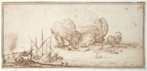 Fantastische rotsen, versterkt. Scheepvaart. Zeelieden bivakkeren in zicht van hun vaartuig (Le Grand Rocher)