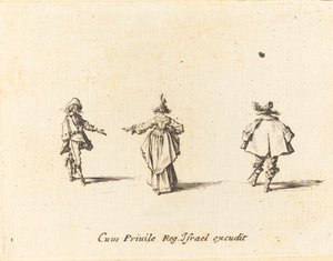 Dame met uitgestrekte arm, van achteren gezien, en twee heren door Jacques Callot