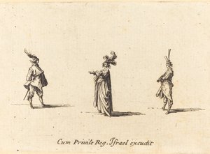 Dame met gevederde hoed en twee heren door Jacques Callot