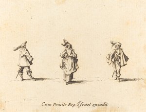 Dame met pluimen, en twee heren door Jacques Callot