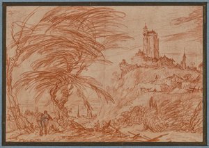 Landschap, rechts op een heuvel een grote toren, links een groep bomen en enkele figuren door Jacques Callot