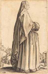 Adellijke vrouw met een sluier en een met bont afgewerkte jurk door Jacques Callot