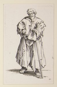 Obese man met neergeslagen ogen, uit de Bedelaars (Le mendiant obese aux yeux baisses) door Jacques Callot
