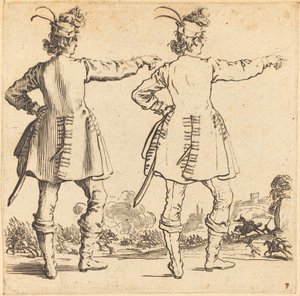 Officier met veren in de hoed, van achteren gezien door Jacques Callot