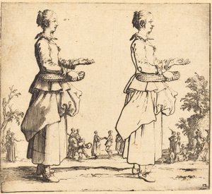 Boerin met mand, in profiel, naar rechts, 1617 en 1621 door Jacques Callot