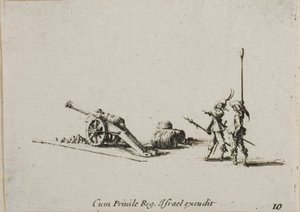 Voorbereiding om het kanon af te vuren, plaat tien uit De militaire oefeningen door Jacques Callot