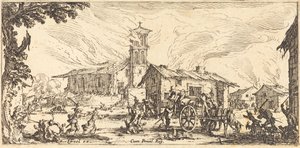 Plunderen en verbranden van een dorp door Jacques Callot
