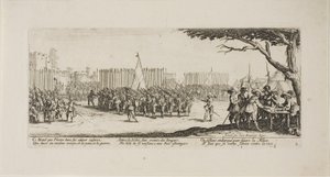Werving van troepen, plaat twee uit De Ellende van de Oorlog door Jacques Callot
