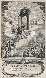Heiligen en heiligen die zich haasten bij de deur van het Paradijs - compositie en gravure door Jacques Callot (1592-1635) door Jacques Callot