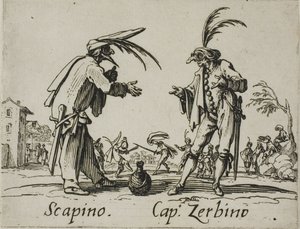 Scapino - Kapitein Zerbino, plaat 12 van Balli di Sfessania door Jacques Callot