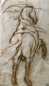 Studie van een steigerend paard, met een aanvullende studie van hetzelfde en een uitzicht op een stad door Jacques Callot