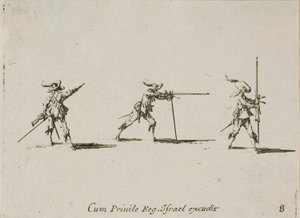Het innemen van de vuurbereidheid met het musket, plaat acht uit De Militaire Oefeningen