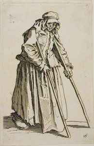 De bedelaar op krukken en zijn bedelaarsportemonnee, plaat tien uit De bedelaars door Jacques Callot