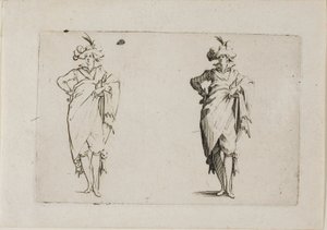 De heer gezien van voren, met zijn rechterhand op zijn heup, uit De Caprices door Jacques Callot