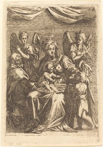 De Heilige Familie met twee engelen