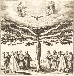 De Heilige Drie-eenheid in de Boom des Levens, aanbeden door Franciscanen