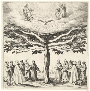 De Heilige Drie-eenheid in de Boom des Levens, Aanbeden door Franciscanen door Jacques Callot