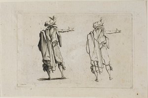 De man gezien vanaf de achterkant, rechterarm opgeheven, uit De Caprices door Jacques Callot
