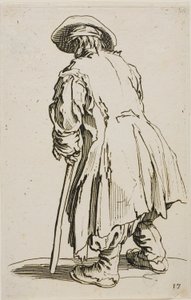De oude bedelaar leunend op zijn kruk, plaat zeventien uit De bedelaars door Jacques Callot