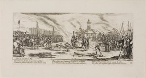 De brandstapel, plaat dertien uit De ellende van de oorlog door Jacques Callot