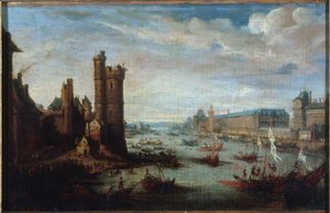 De Tour de Nesle, de Grande Galerie en het Louvre, gezien vanaf Pont-Neuf, circa 1630, tussen 1625 en 1635 door Jacques Callot