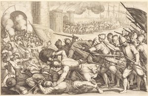 De troepen forceren de poort van een stad door Jacques Callot