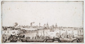 Uitzicht op de haven van La Rochelle met galeien die een saluut afvuren door Jacques Callot