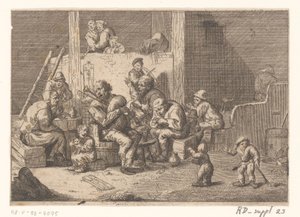 Interieur met doedelzak- en vioolspeler en twee zangers door Jacques Dassonville