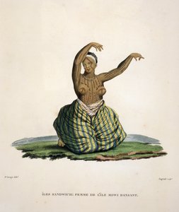 Dansende vrouw van het eiland Maui, op de Hawaiiaanse Eilanden, gegraveerd door Parfait Augrand (geb.1782) door Jacques Etienne Victor Arago