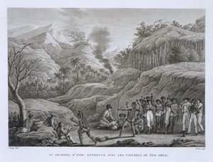 Groot Aziatisch Archipel: Franse ontdekkingsreizigers met inboorlingen op het eiland Ombai, uit Voyage Autour du Monde (1817-20), door Louis Claude Desaulses de Freycinet (1779-1842) gegraveerd door Bovinet, gepubliceerd