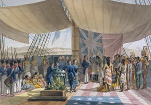De Sandwich-eilanden: De doop van de eerste minister van de koning aan boord van de Uranie, uit Voyage Autour du Monde sur les Corvettes de l