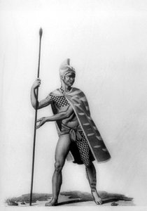 Jonge officier gekleed in een typisch kostuum van malo, Hawaï, 1819 door Jacques Etienne Victor Arago