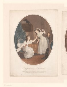 Interieur met twee elegante dames, in de deuropening een jongen