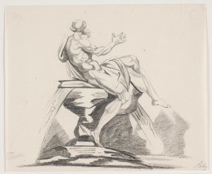 Mannelijke bebaarde figuur met gewaden van achteren gezien bij een fontein door Jacques Francois Joseph Saly