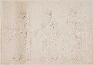 Offerhandeling (?) Drie wandelende figuren in Griekse gewaden. Voorop een man met een amfora en een staf of fakkel, gevolgd door twee vrouwen