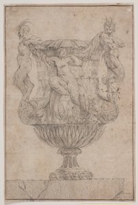 Sierlijke vaas met Pan, faun en nimf. Kopie naar Pl. 14 in de suite van de in 1746 door Saly getekende vazen. "Vasa a se inventa..."